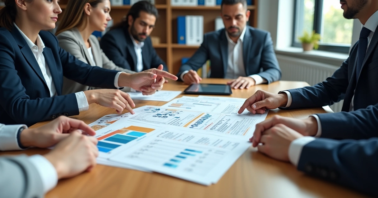 Avaliação detalhada de fornecedores em reunião empresarial, com documentos e laptops 