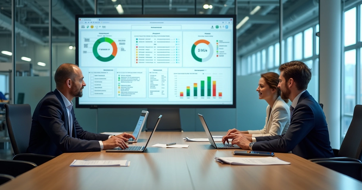 Gestores avaliando fornecedores de alimentos em painel digital com gráficos e checklists 