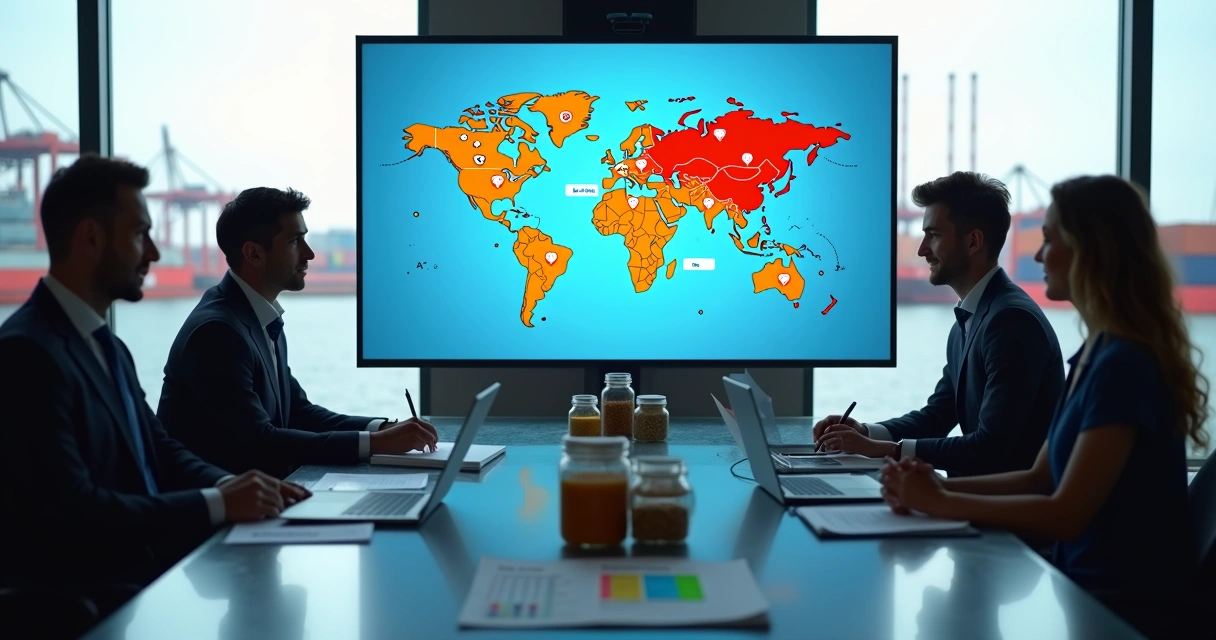 Reunião virtual entre compradores e fornecedor de alimentos com símbolos de certificação na tela 