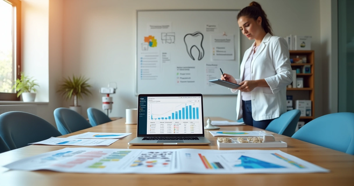 Gestor odontológico avaliando catálogos de fornecedores com produtos odontológicos sobre a mesa 