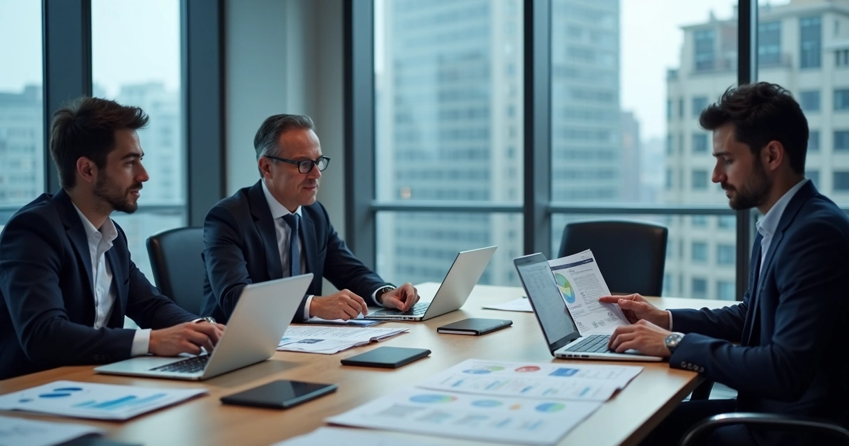 Equipe de compliance avaliando fornecedores em sala de reunião, documentos e computadores abertos sobre a mesa 