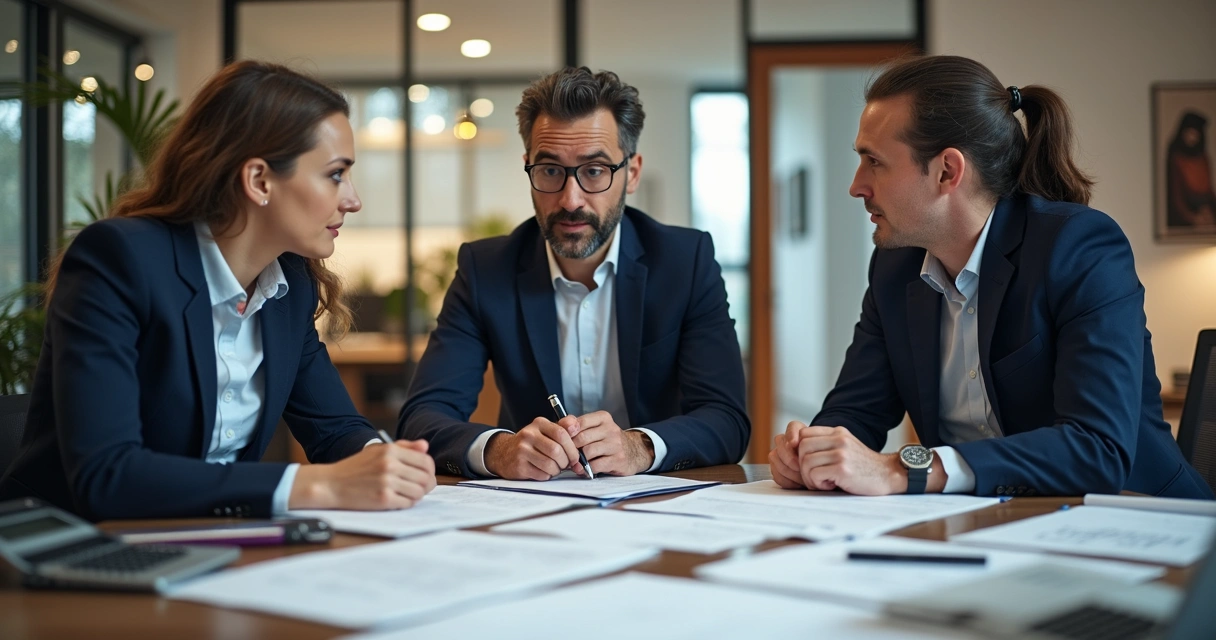 Equipe avaliando documentos para decisão de franquia 