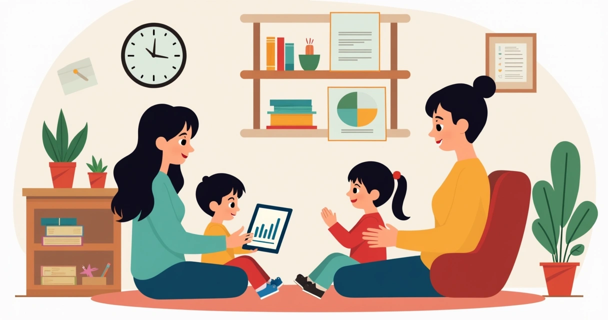 Ilustração de terapeuta, criança e família registrando comportamentos em um tablet. 