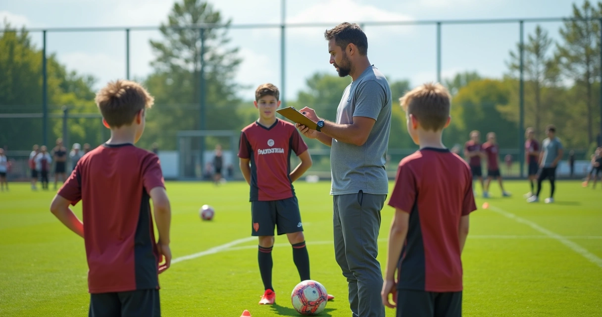 Jogadores jovens em campo durante avaliação para futebol com treinador observando atentamente 