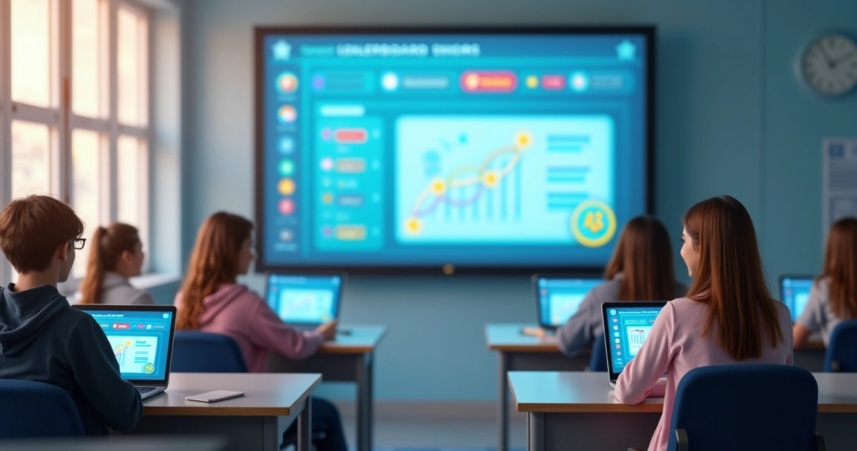 Sala de aula digital com tela de avaliação gamificada