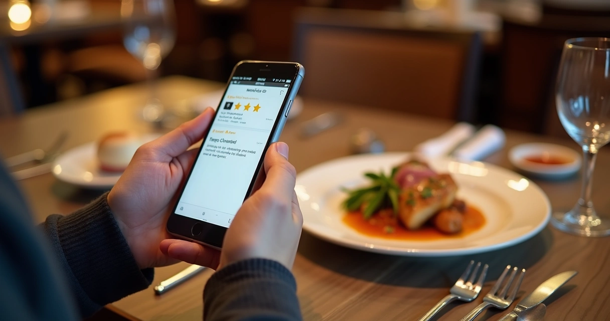 Pessoa avaliando prato de restaurante em aplicativo de gastronomia 
