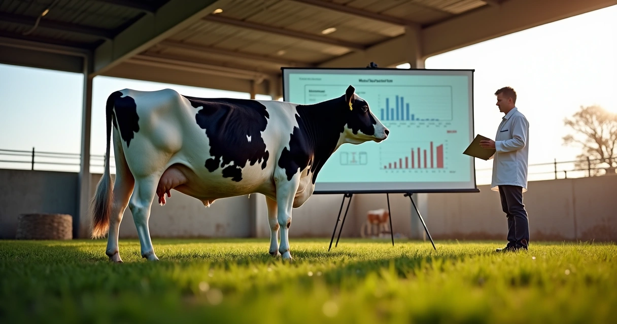 Vaca leiteira sendo avaliada por especialista durante evento agropecuário 