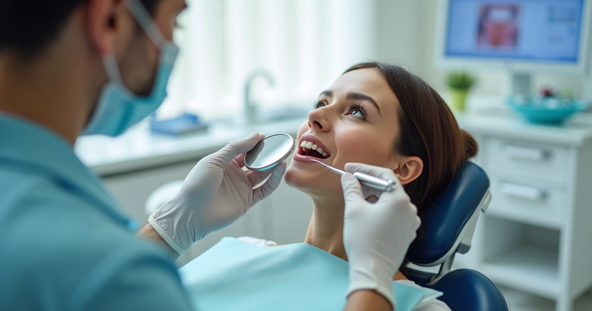 Dentista avaliando gengiva de paciente em consultório moderno 