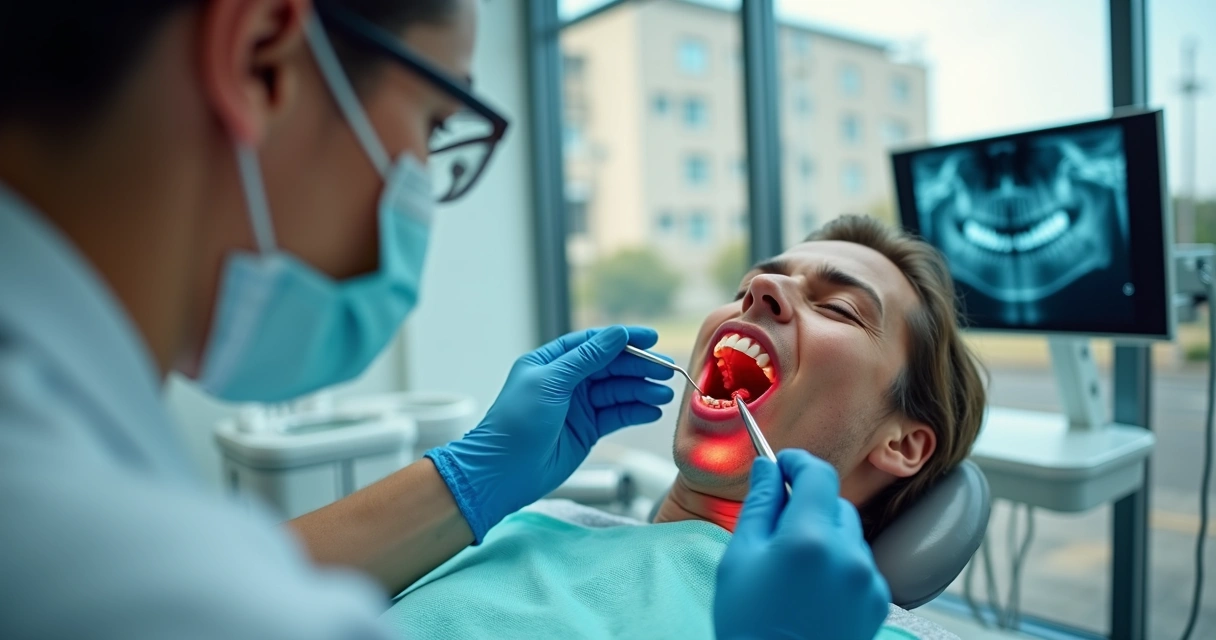 Dentista avalia gengiva avermelhada com sangramento em paciente adulto 