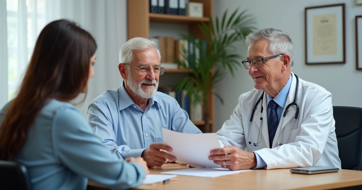 Consulta de geriatra com idoso e familiar em consultório aconchegante 