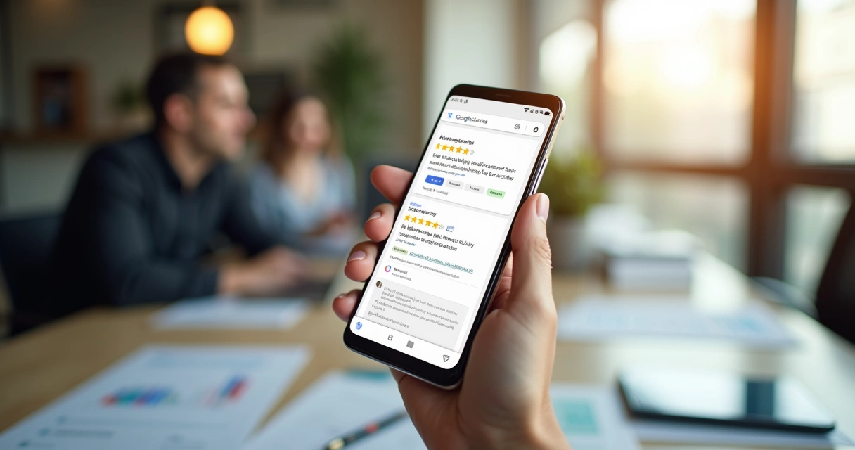 Pessoa segurando smartphone com avaliações positivas e negativas 