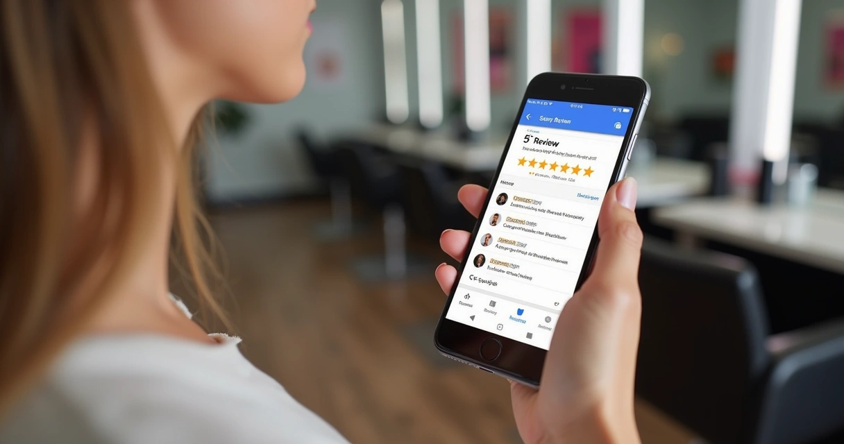Cliente avaliando salão de beleza no Google pelo celular 