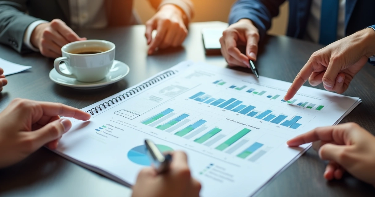 Mãos apontando indicadores éticos em relatório de governança