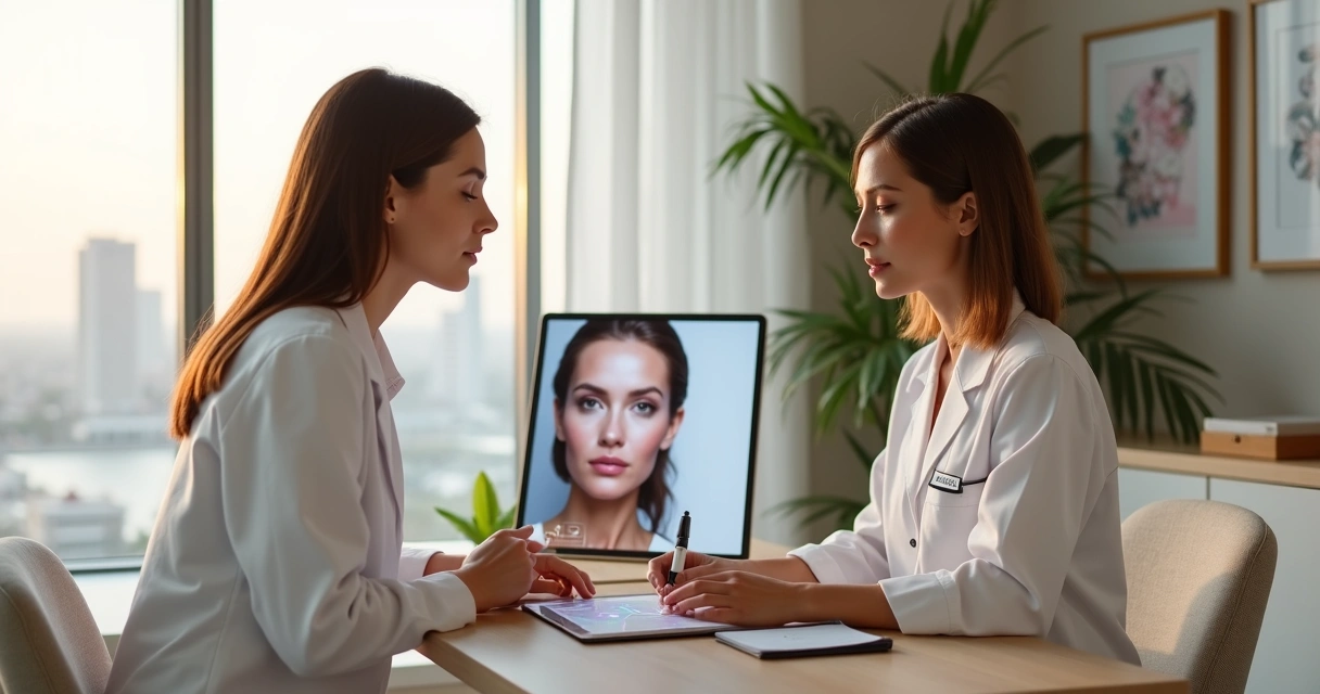 Médica e paciente analisando mapa facial em tablet em clínica de harmonização em Salvador 