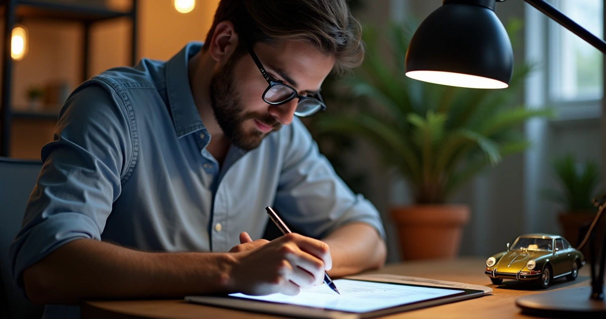Homem usando tablet para analisar histórico de veículo 
