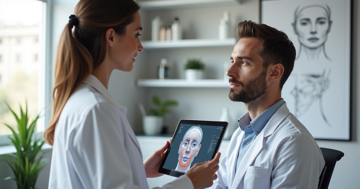 Médica avaliando a face de paciente homem com tablet mostrando simulação 3D 