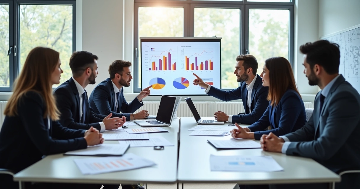 Equipe de profissionais avaliando fornecedores em reunião com laptops e documentos sobre homologação e compliance 