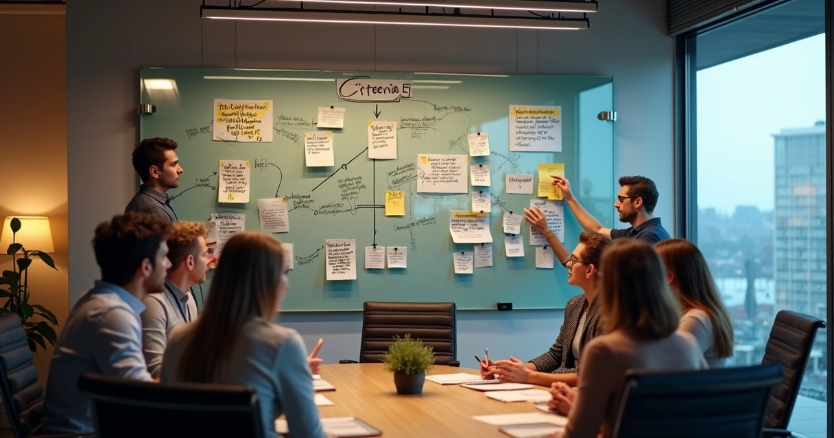 Quadro com critérios escritos e equipe avaliando juntos em uma sala. 