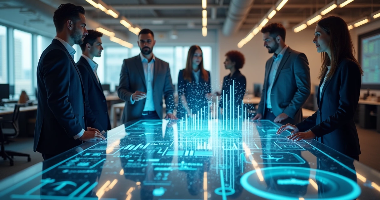 Equipe avaliando indicadores humanos em ambiente digital 