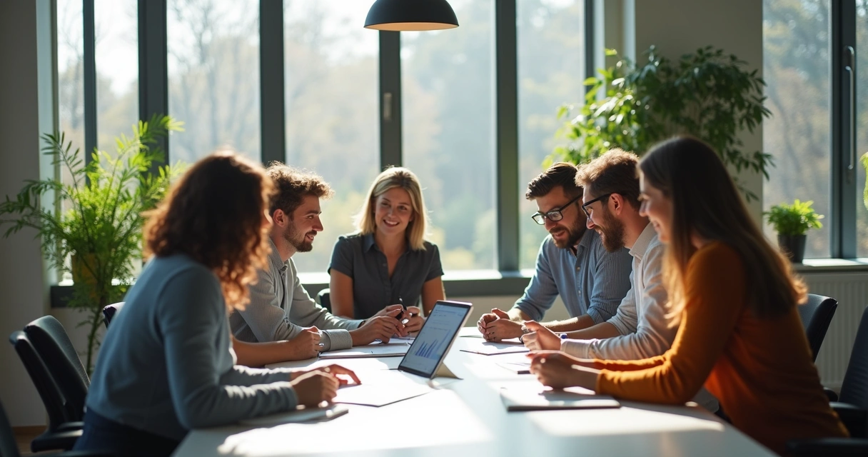 Avaliação colaborativa de equipe em ambiente corporativo moderno 