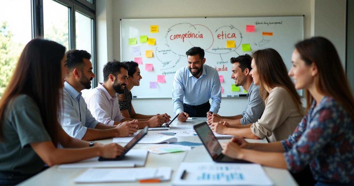 Reunião de equipe avaliando aspectos humanos e técnicos de pessoas 