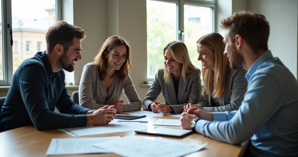 Equipe diversa reunida em círculo, discutindo ideias e sorrindo