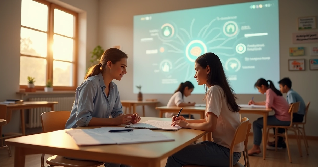 Professora em sala avaliando aluno com painel de dimensões humanas ao fundo 
