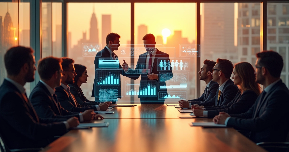 Executivos analisando pessoas e dados em fusão empresarial 