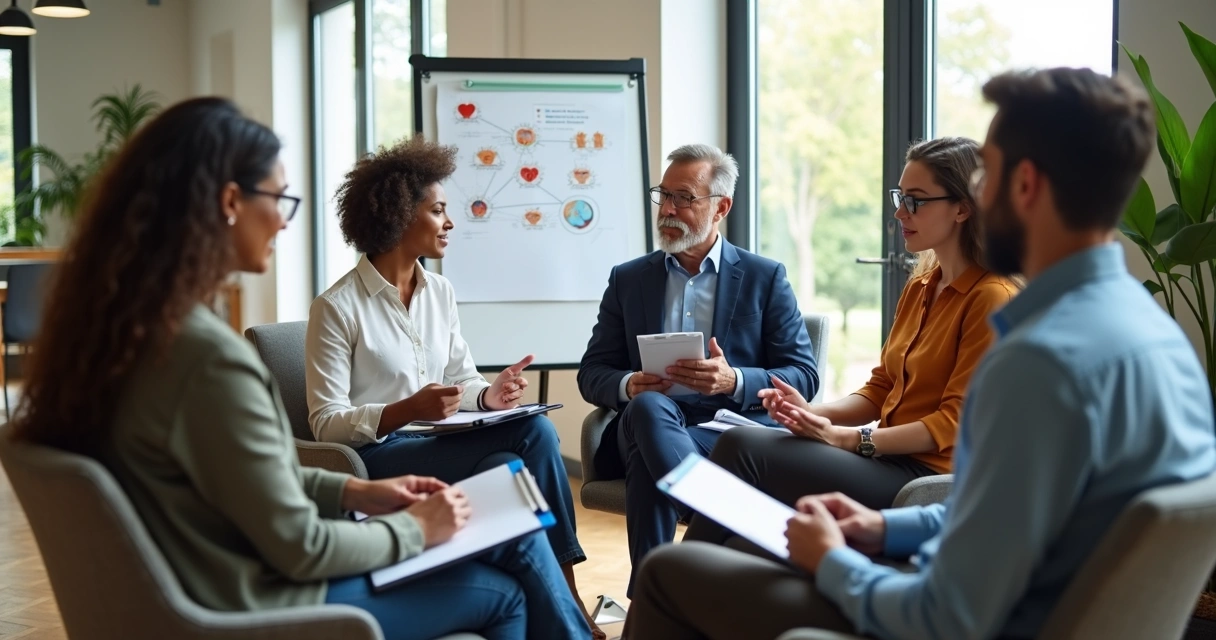 Grupo em círculo avaliando impactos humanos em um ambiente de trabalho 