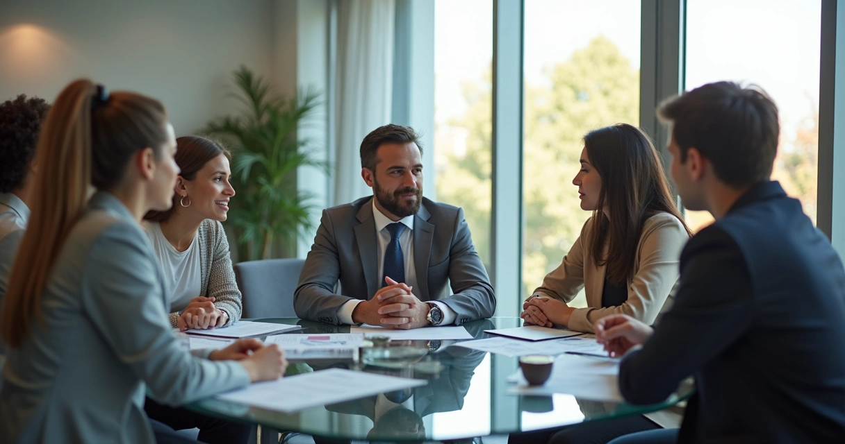 Equipe de colaboradores em reunião, ouvindo líder com atenção 