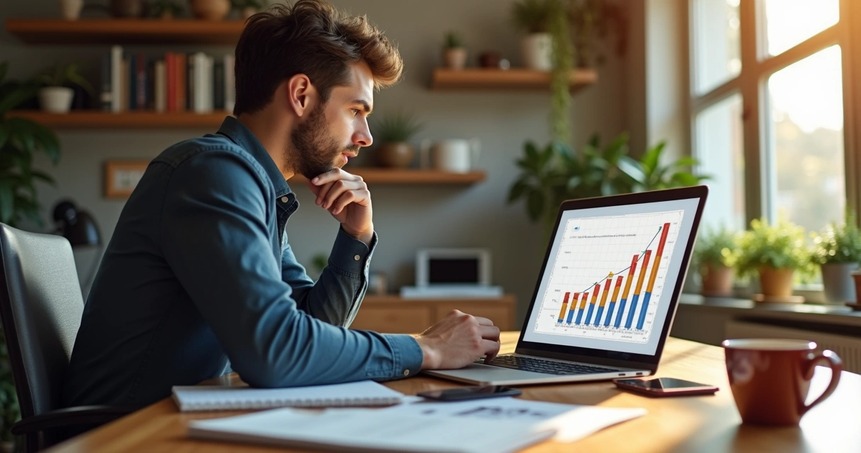 Pessoa analisando gráfico de crescimento em mesa com notebook e anotações 