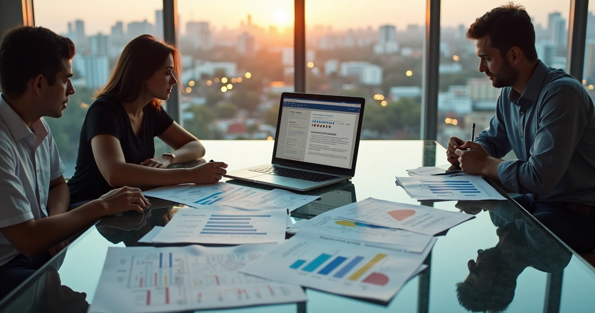 Grupo avaliando imobiliária no laptop com prédios de Campinas ao fundo 
