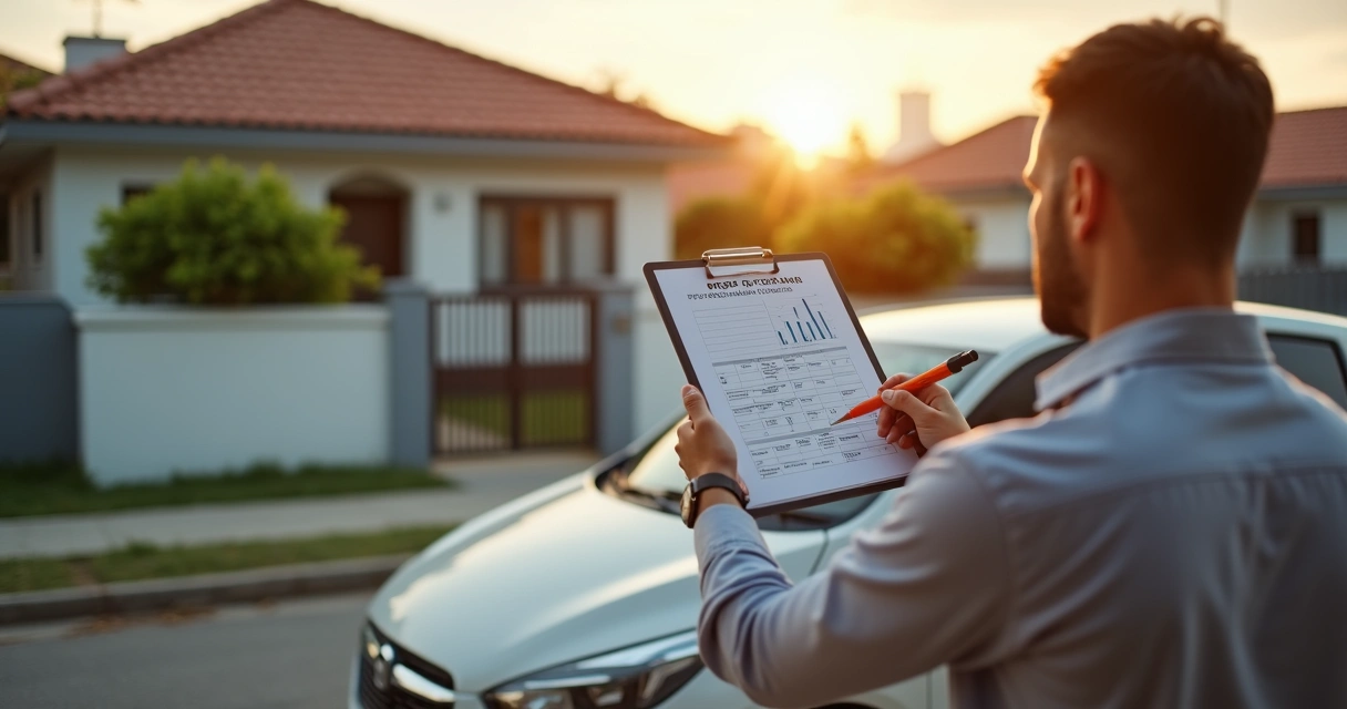 Avaliador registra dados de fachada de casa em tablet 