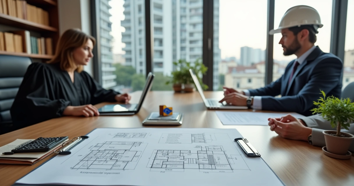 Engenheiro analisa documentos de avaliação de imóvel com juíza em um lado e cliente em outro 