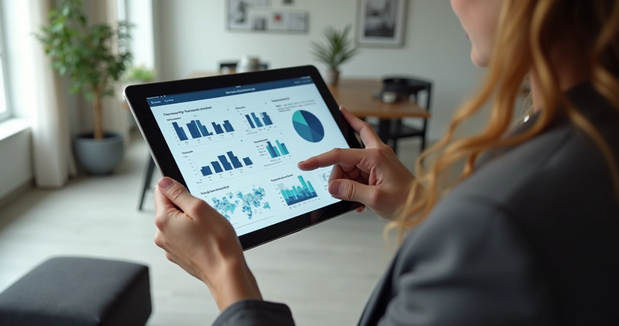 Corretor analisando imóvel com tablet e gráficos de IA na tela 