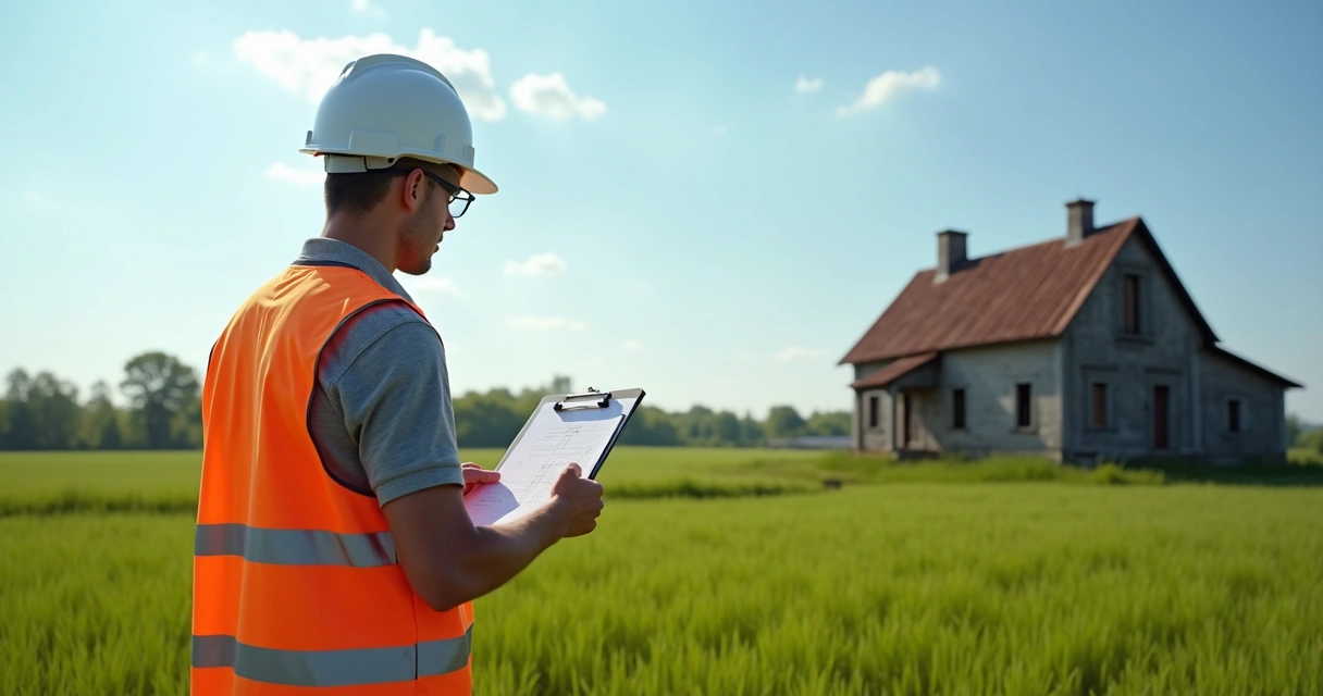 Engenheiro avaliando imóvel rural com prancheta em campo aberto 