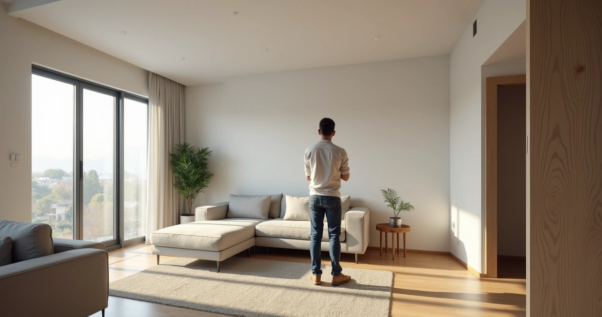 Pessoa avaliando um imóvel residencial em Campinas, observando detalhes da sala com luz natural 