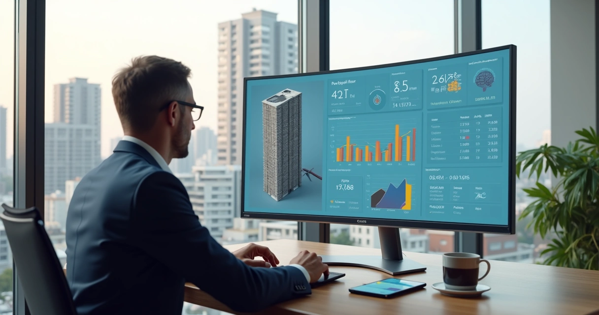 Corretor analisando avaliação de imóvel em painel com gráficos de inteligência artificial 