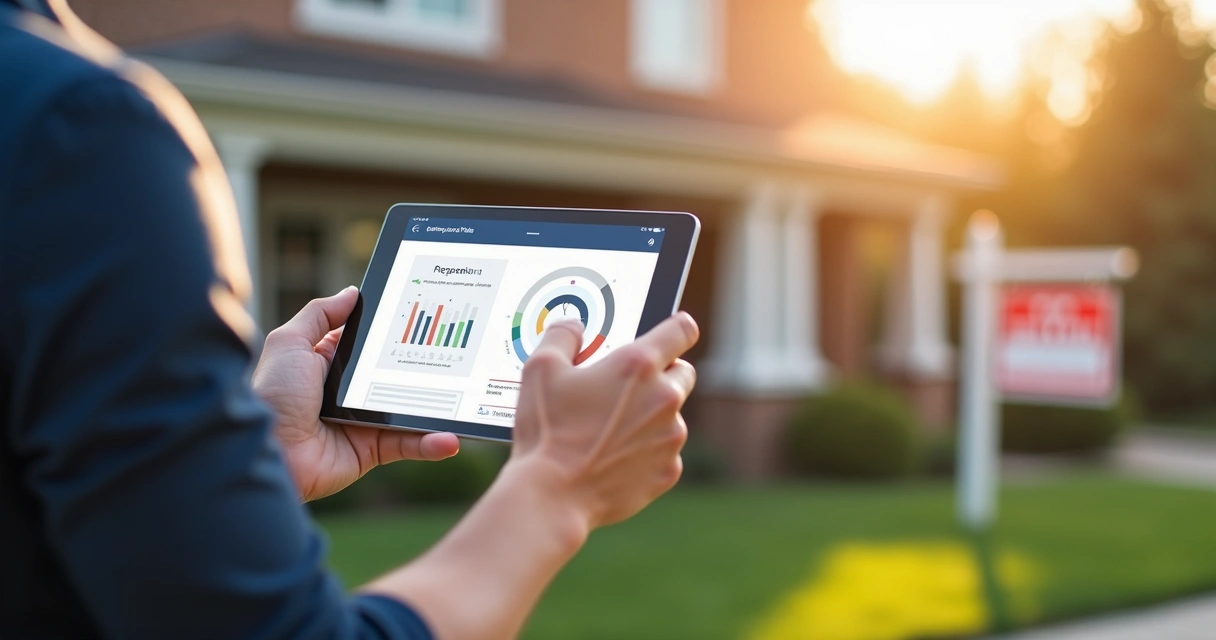 Analista com tablet avaliando imóvel para leilão