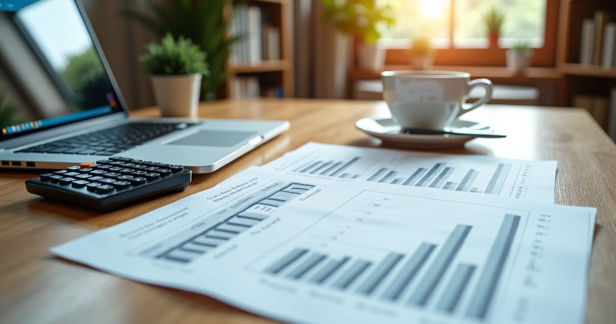 Mesa de escritório com documentos de imóveis, computador mostrando planilhas e calculadora ao lado 