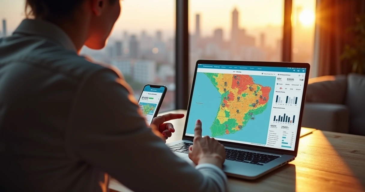 Pessoa analisando no notebook o valor de um imóvel em mapa com dados e gráficos 