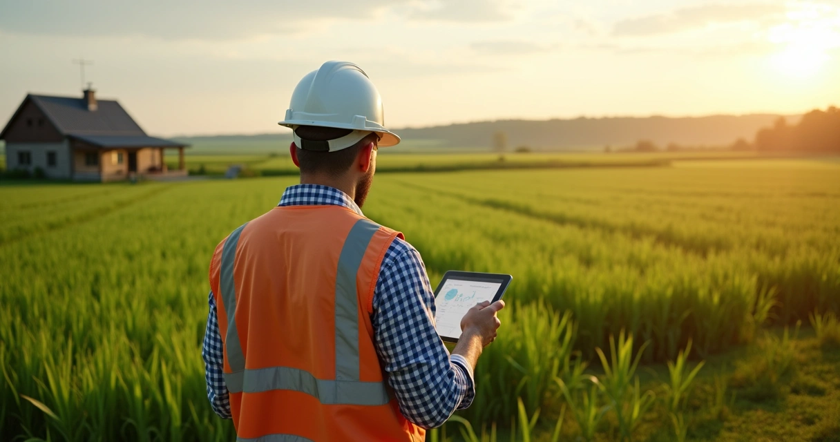 Profissional avaliando área rural com tablet ao lado de plantação 