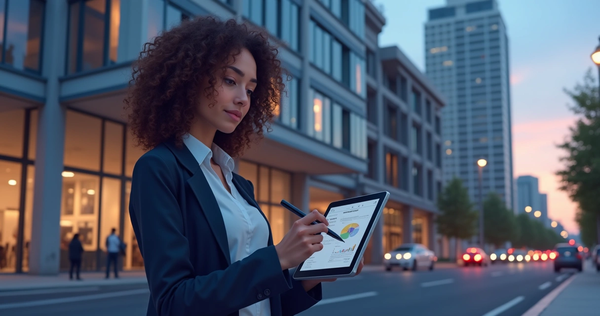 Arquiteta analisando edifício urbano com tablet ao entardecer 