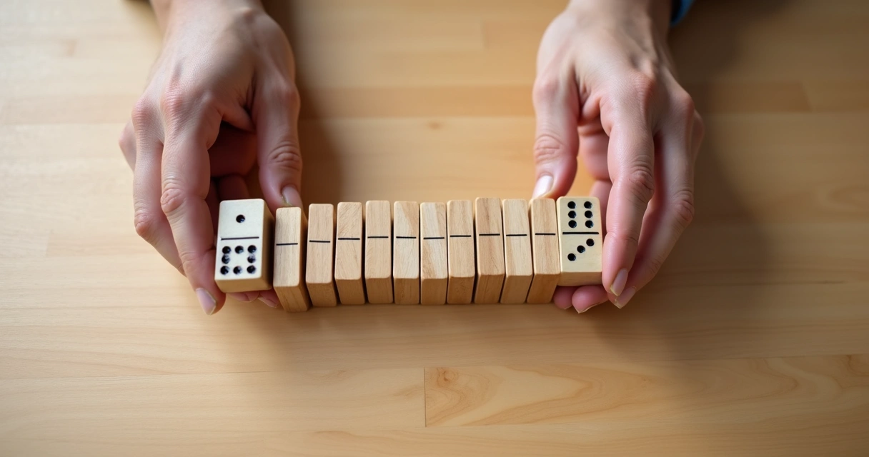 Mãos segurando peças de dominó prestes a cair, indicando efeito de uma decisão