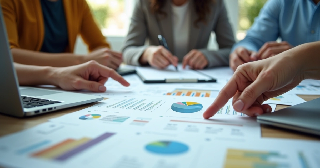 Equipe avaliando gráficos e relatos de impacto com computadores e papéis em escritório. 