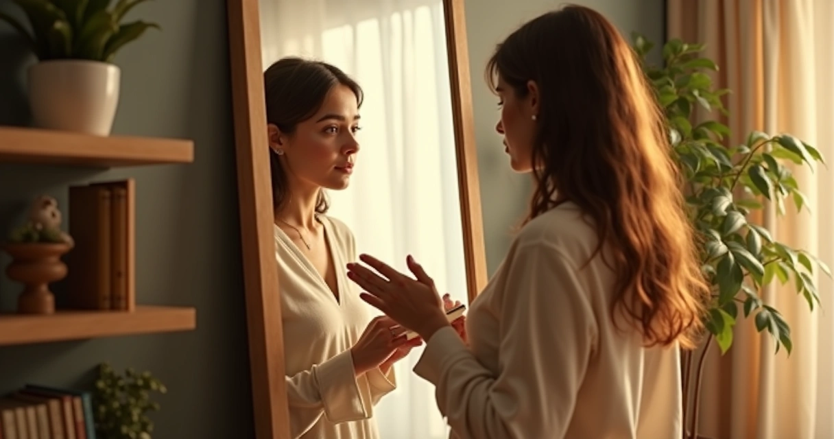 Pessoa olhando reflexiva para um espelho, avaliando a própria imagem