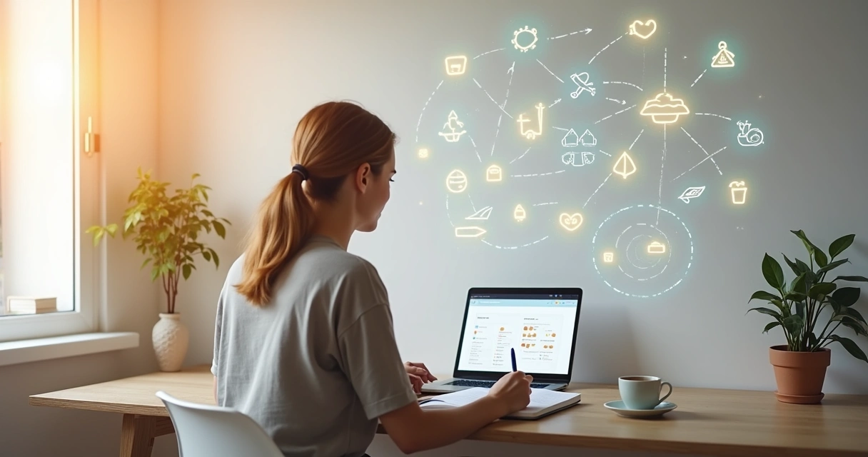 Pessoa refletindo sobre seu impacto diário diante de mural com ícones de conexões humanas 