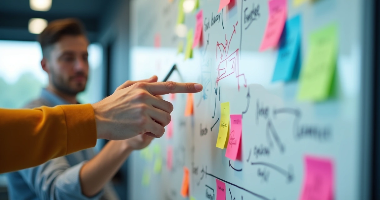 Quadro branco com gráficos e post-its coloridos, pessoas analisando juntos 