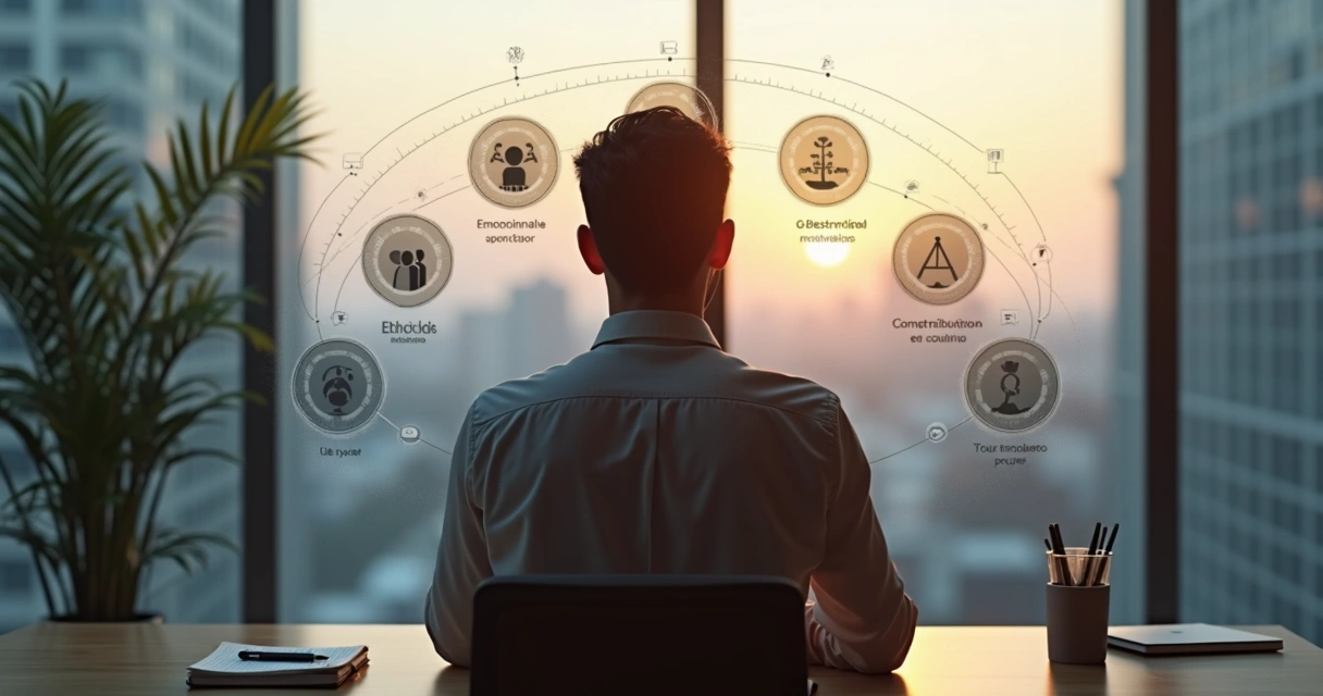 Pessoa refletindo diante de painel com indicadores de impacto humano 