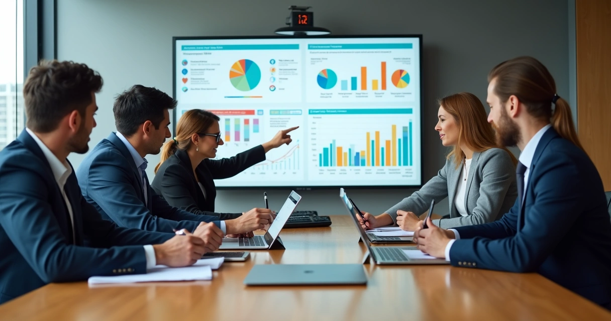 Executivos analisando gráficos de impacto humano em uma sala de reunião moderna 